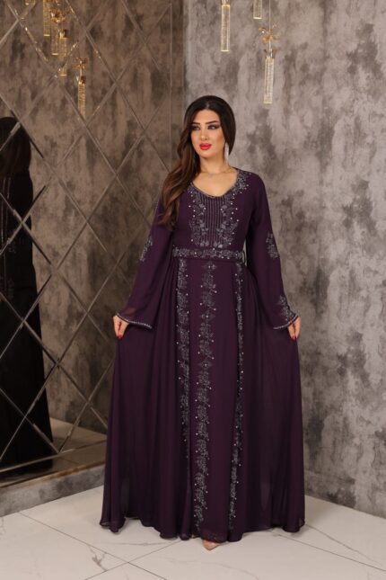 Zena Fashion Çift Etek Boncuk Baskı Detaylı MorAbiye Elbise