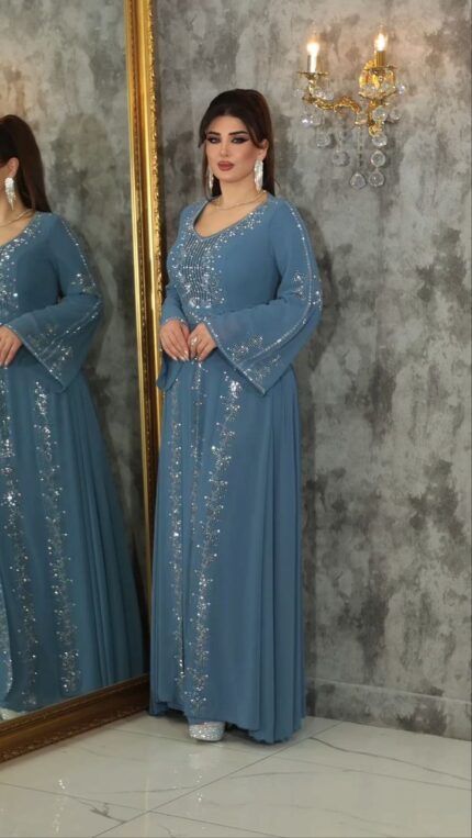 Zena Fashion Çift Etek Boncuk Baskı Detaylı Mavi Abiye Elbise