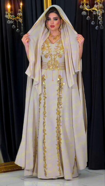 Zena Tasarım  Gold İşlemeli  Kemerli Şallı Kaftan Yöresel Bej