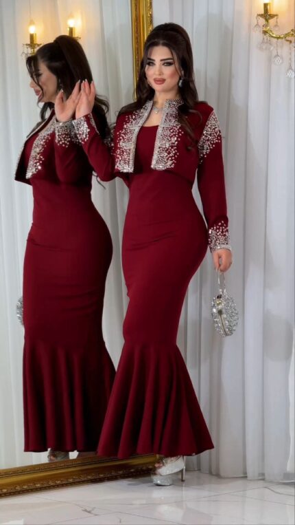 Zena Fashion Taş Baskı Detaylı Ceketli Kalem Abiye Elbise Bordo