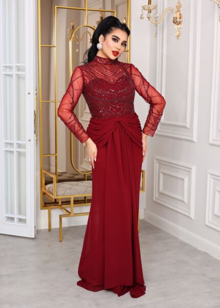 Zena Fashion Hakim Yaka İşlemeli Önden Kuşaklı Abiye Kırmızı