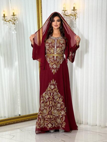 Zena Fashion Gold İşlemeli Şallı Yöresel Abiye Bordo