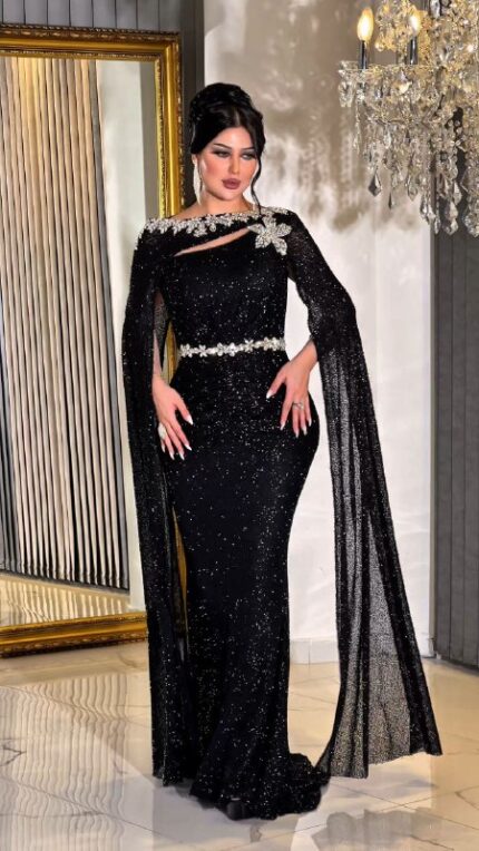 Zena Fashion Omuz Detaylı Payet Boncuk İşlemeli Balık Abiye Siyah